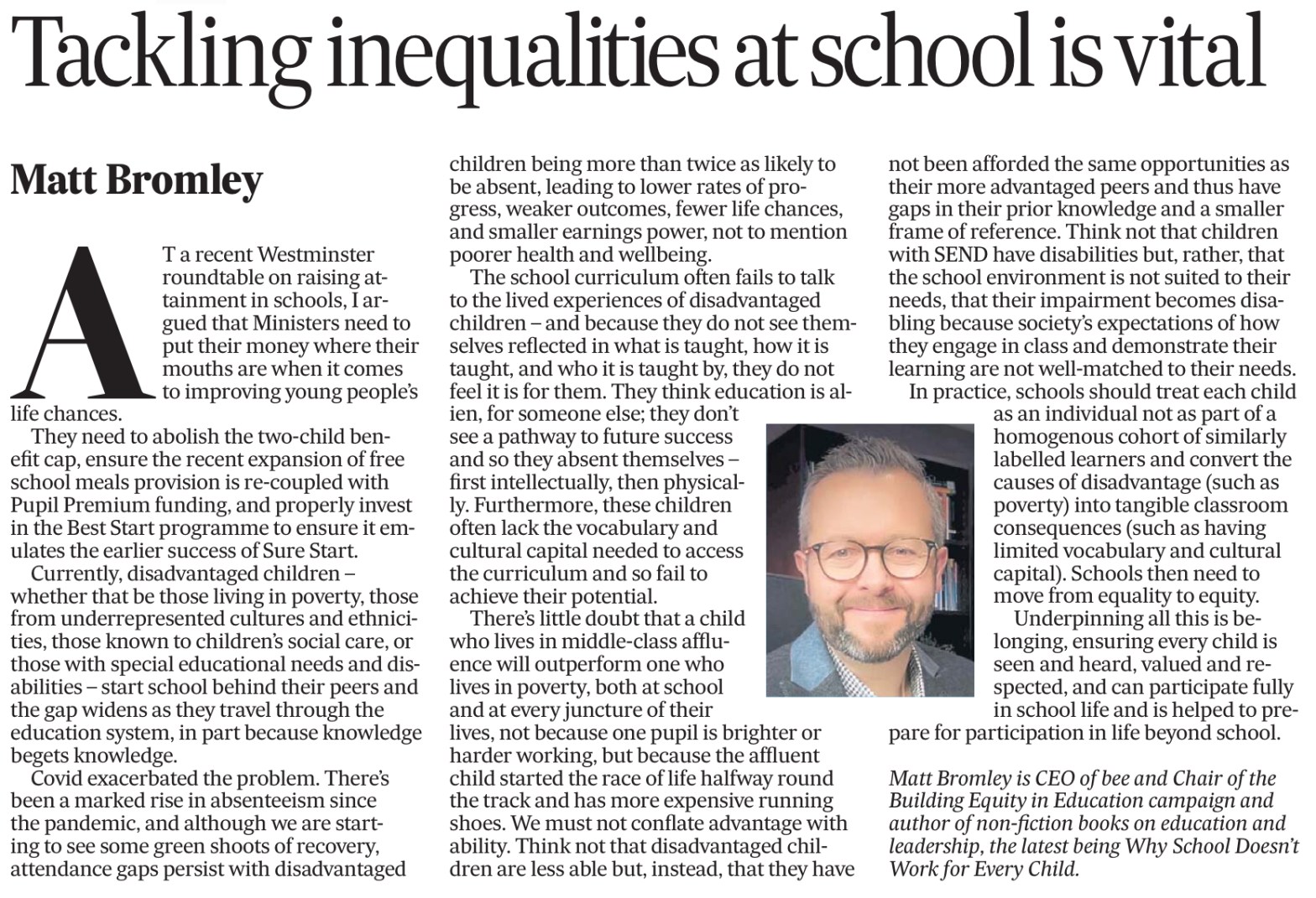Tackling inequalities at school is vital