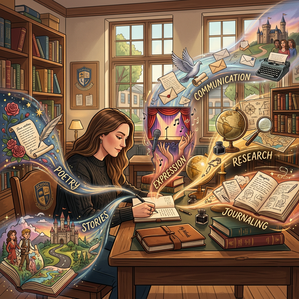 Woman writing at a desk in a library with illustrated themes of poetry, stories, expression, communication, research, and journaling surrounding her