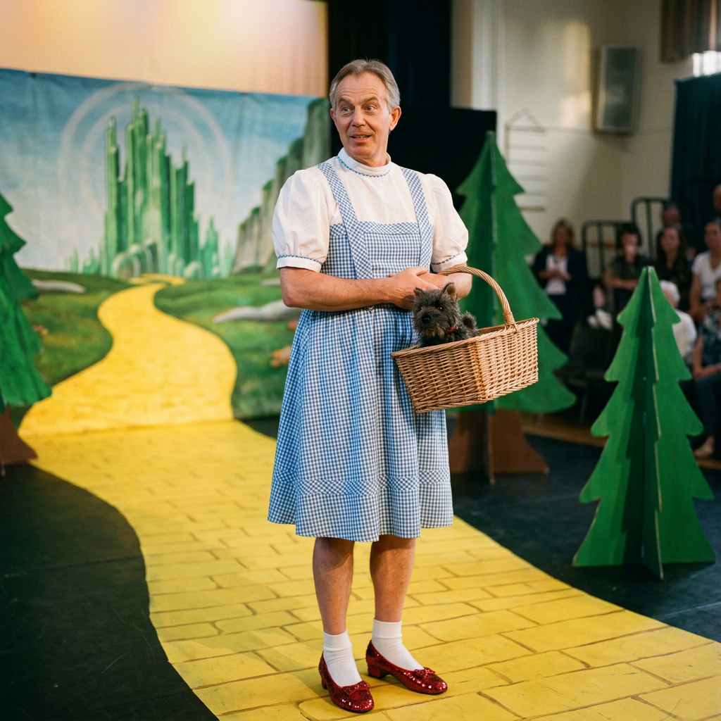 Actor in Dorothy costume with basket holding dog puppet on yellow brick road stage