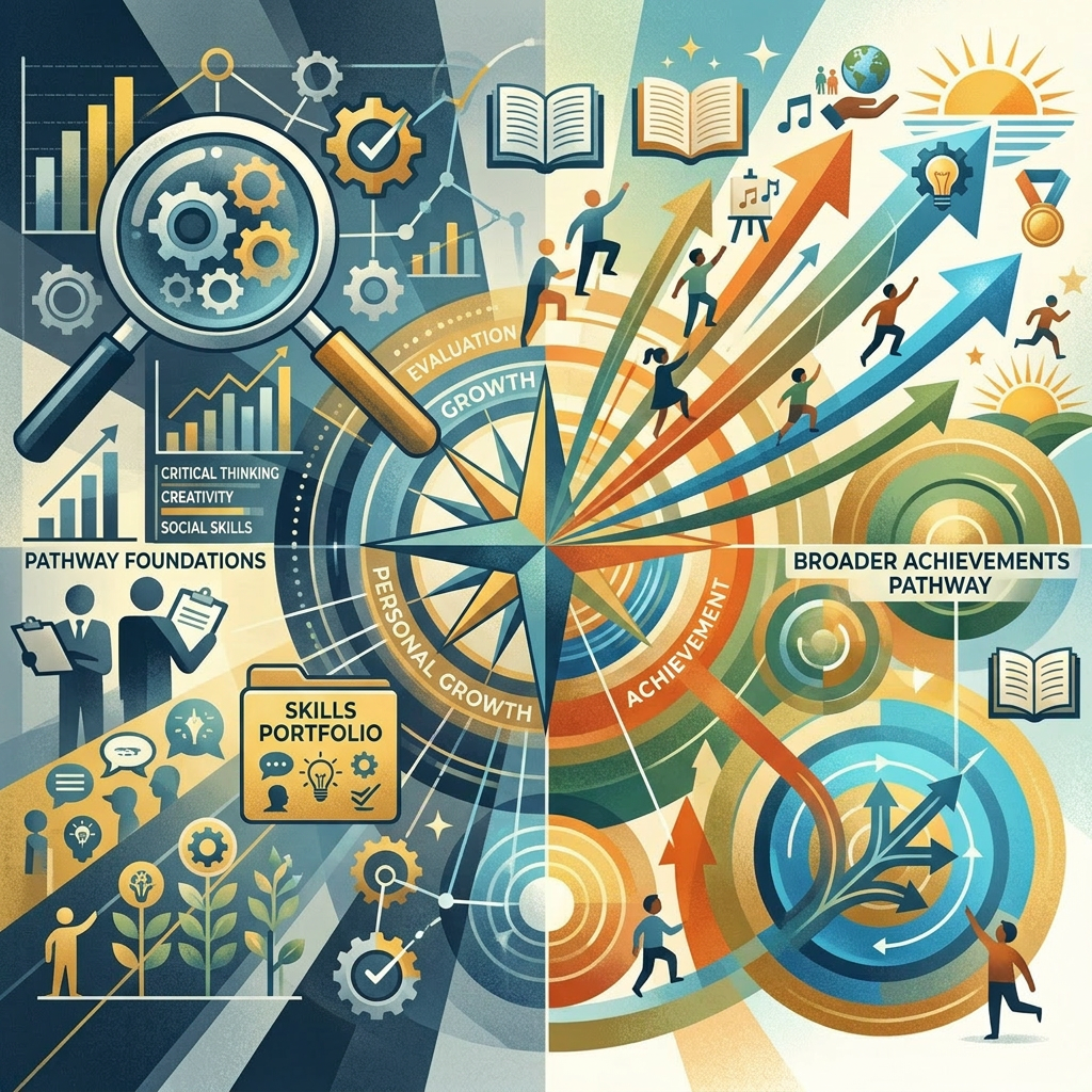 Arrows representing progress and achievement with gears, charts, and people climbing